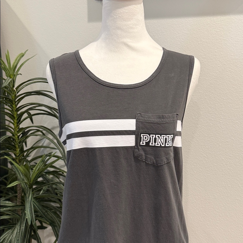 PINK Victoria’s Secret Gray Sleeveless White Stripe Tank Top T-Shirt XS - Picture 2 of 13